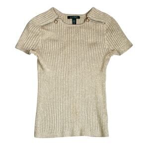 Lauren Ralph Sweater Y2K Womens Large Gold Metallic Shimmer Ribbed Zip Shoulders